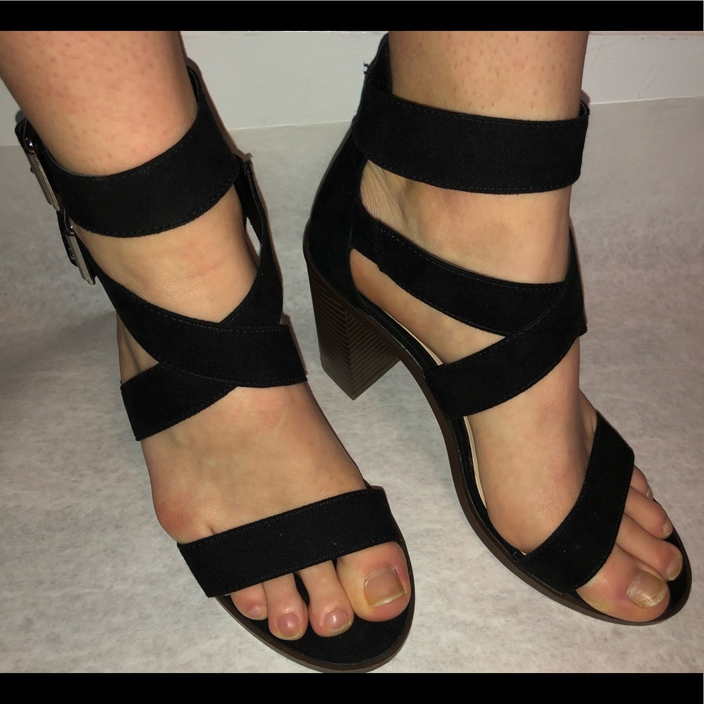 Black suede Forever21 strappy heels.